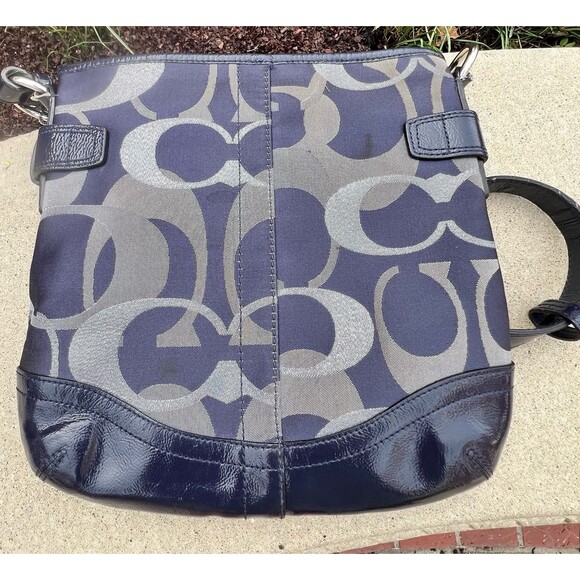COACH Classic Signature Monogram 19820 Navy Silver Signature Chain Handbag Purse - Picture 3 of 10